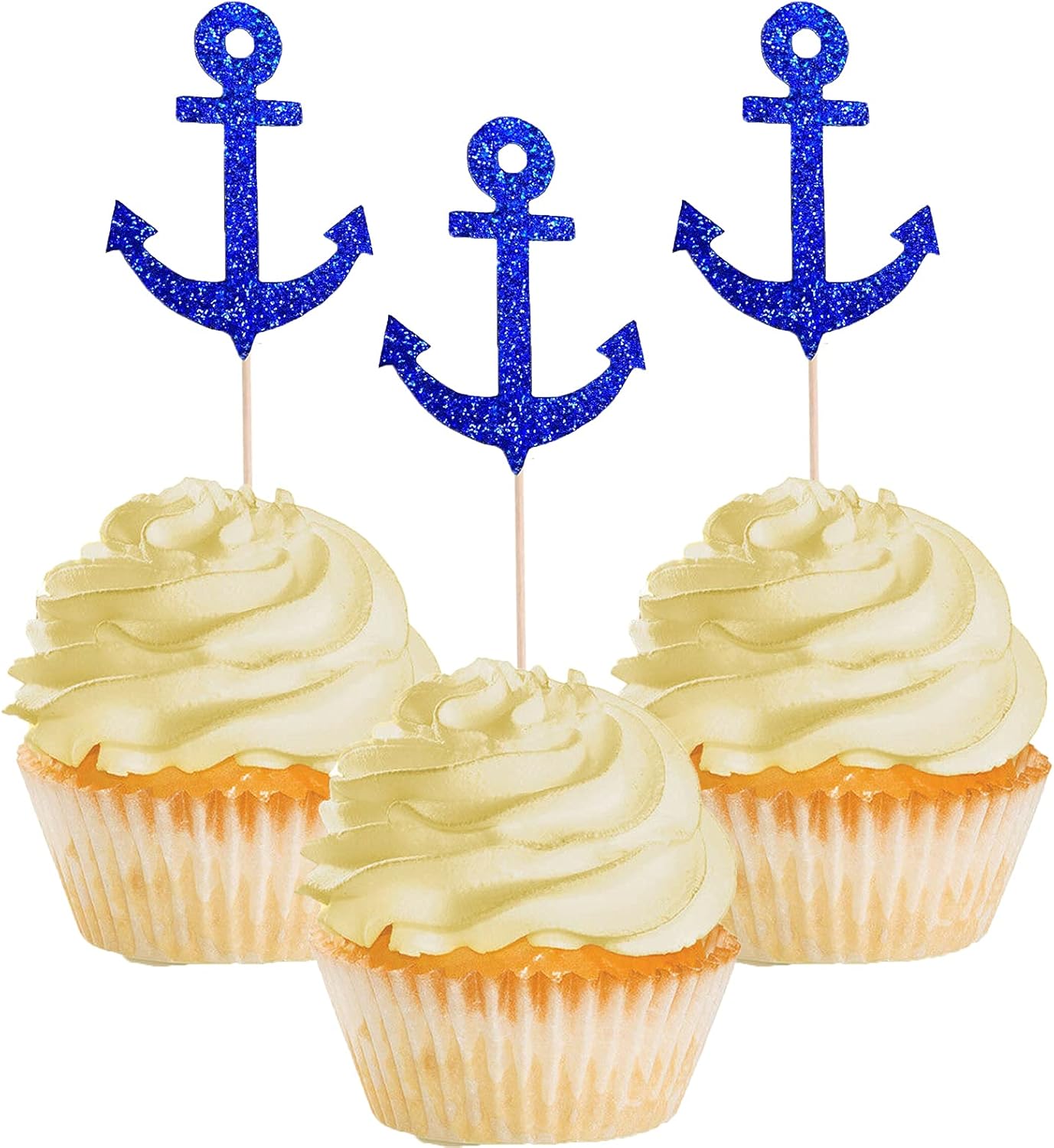 24PCS Anchor Cupcake Decorations Nautical Theme Cupcake Toppers Cupcake Picks Food Fruit Picks for Nautical Navy Theme Ocean Party Baby Shower Birthday Wedding Party Decorations