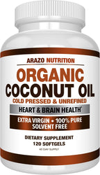 Arazo Nutrition Organic Coconut Oil 2000 MG Per Serving - 100% Extra Virgin Unrefined Cold Pressed for Weight Support, Skin, Hair, Nails - 120 Softgel Capsules