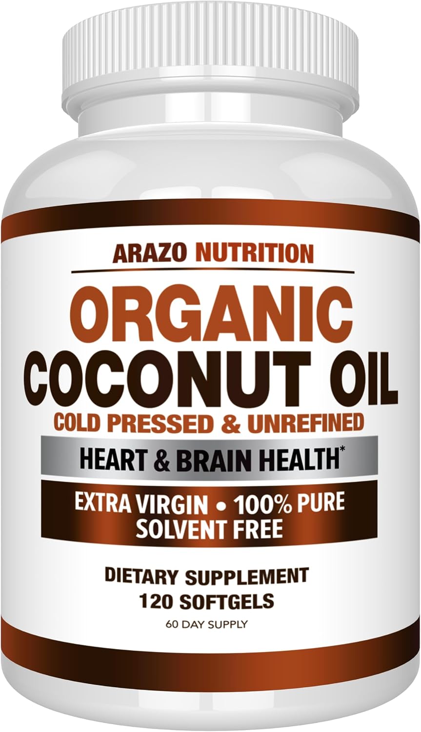 Arazo Nutrition Organic Coconut Oil 2000 MG Per Serving - 100% Extra Virgin Unrefined Cold Pressed for Weight Support, Skin, Hair, Nails - 120 Softgel Capsules