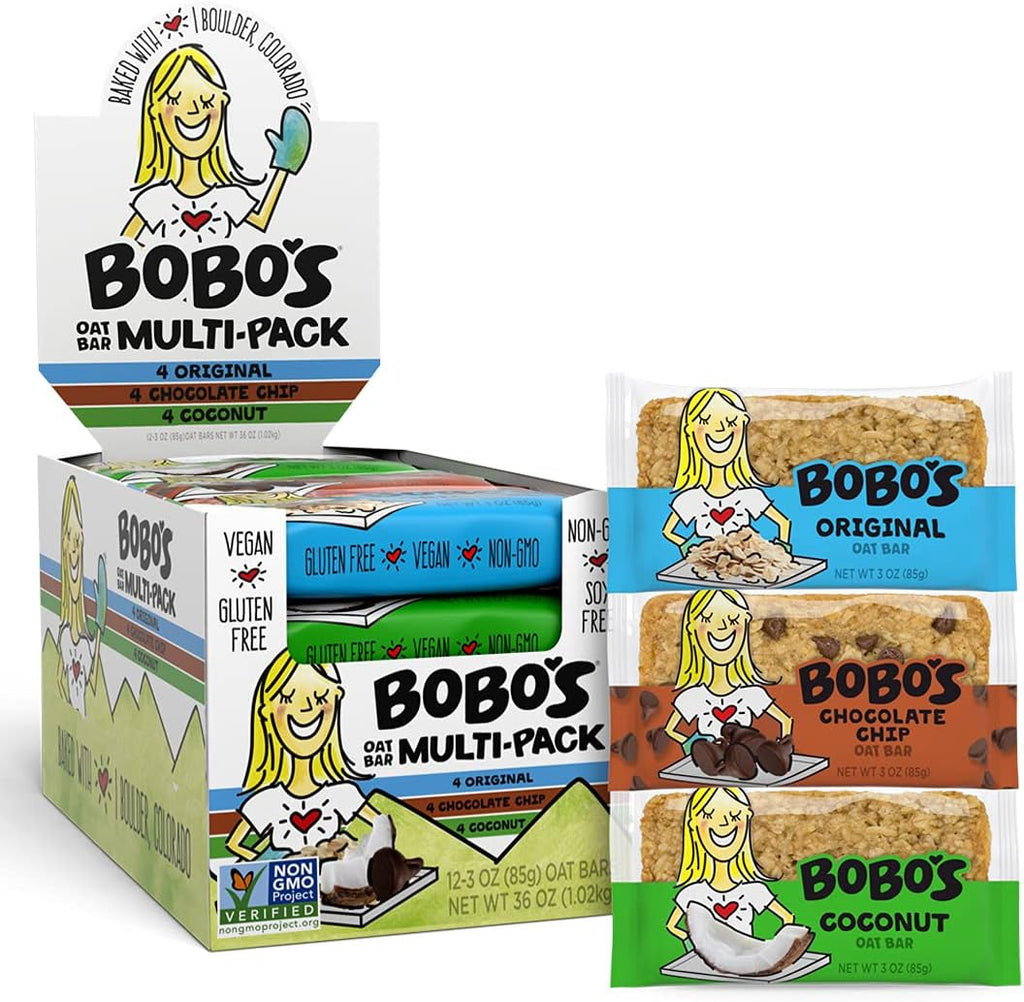 Bobo's Oat Bars Variety - Chocolate Chip, Coconut, and Lemon Poppyseed Variety Pack, Simple Ingredients, Whole Grain Oats, Plant Based, Non-GMO, Gluten Free Breakfast Bars, Healthy Snacks for Adults & Kids (12 Bars)