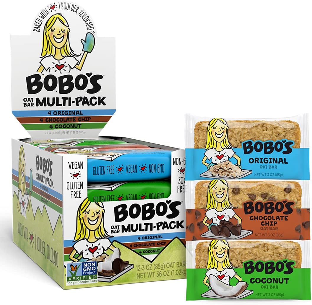 Bobo's Oat Bars Variety - Chocolate Chip, Coconut, and Lemon Poppyseed Variety Pack, Simple Ingredients, Whole Grain Oats, Plant Based, Non-GMO, Gluten Free Breakfast Bars, Healthy Snacks for Adults & Kids (12 Bars)