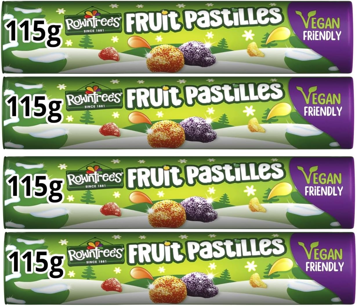 Rowntrees Fruit Pastilles Christmas Special Vegan Tube 115g Xmas 2022 treat ( Pack of 4)