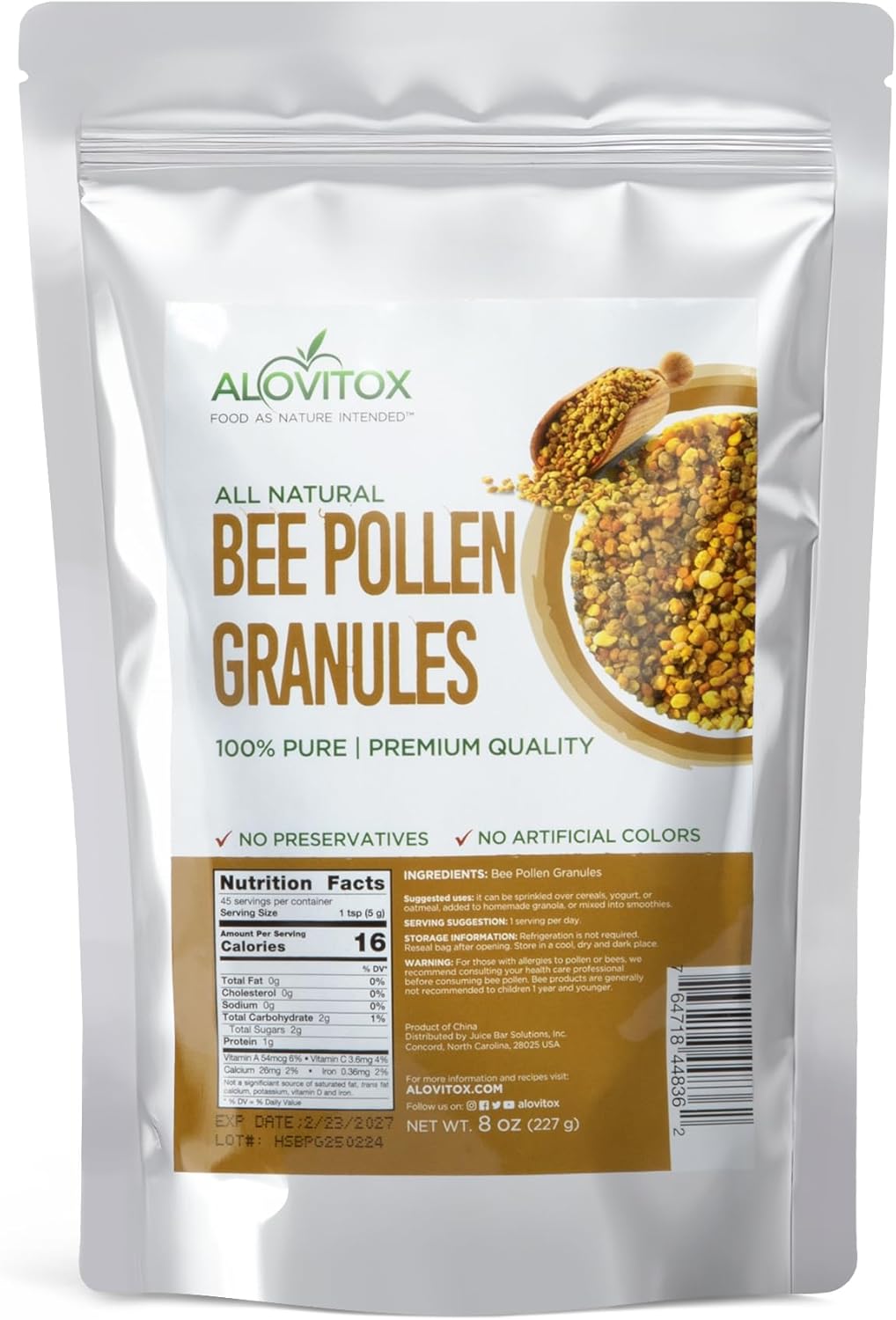 Alovitox Bee Pollen Granules 8 Oz | 100% Pure, Organic Bee Pollen for Bearded Dragons | Superfood Packed Bee Pollen Organic with Antioxidant, Protein, Vitamin & More | Nutritional Yeast & Gluten Free