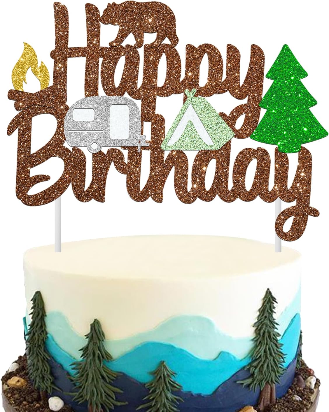 Camping Birthday Cake Topper Happy Camper Cake Decorations Bear Woodland Tent Themed Birthday Decorations Glitter Lumberjack Cake Picks for Outdoor Adventure Baby Shower Wild Party Supplies
