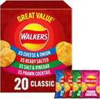 Walker Classic Variety Pack Crisps, 20 Count Multipack with Cheese & Onion, Ready Salted, Salt & Vinegar, Prawn Cocktail Flavors, 25g Bags