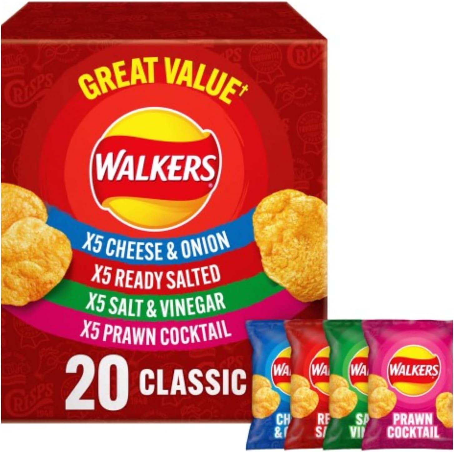Walker Classic Variety Pack Crisps, 20 Count Multipack with Cheese & Onion, Ready Salted, Salt & Vinegar, Prawn Cocktail Flavors, 25g Bags