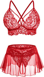 CRIPOM Sexy Lingerie for Women Naughty 3 Piece Lace Bralette, Mini Skirt with G-String Crotchless Lingerie Outfits