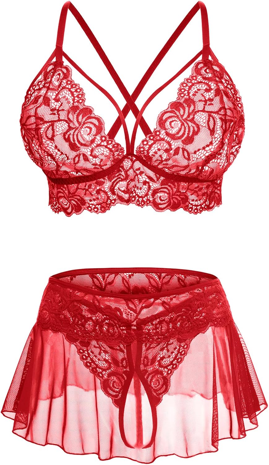 CRIPOM Sexy Lingerie for Women Naughty 3 Piece Lace Bralette, Mini Skirt with G-String Crotchless Lingerie Outfits