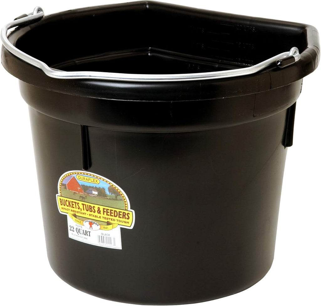 Little Giant® Flat Back Plastic Animal Feed Bucket | Animal Feed Bucket with Metal Handle | Horse Feeder & Waterer Pail | 22 Quarts | Black