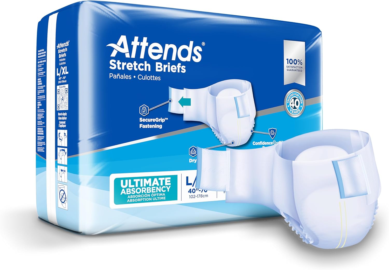 Attends Stretch Briefs with Advanced Dry-Lock Technology for Adult Incontinence Care, Large/X-Large, Unisex, 24 Count