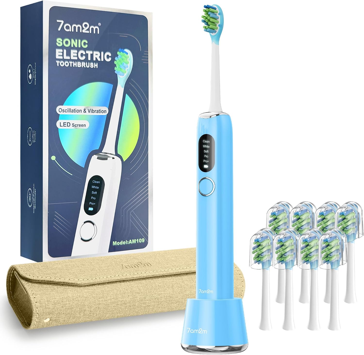 7AM2M Sonic Electric Toothbrush for Adults&Teens with LED Screen, 5 Modes, One Charge for 365 Days, 2 Minute Timer, with 8 Brush Heads and Travel Case (Light Blue)