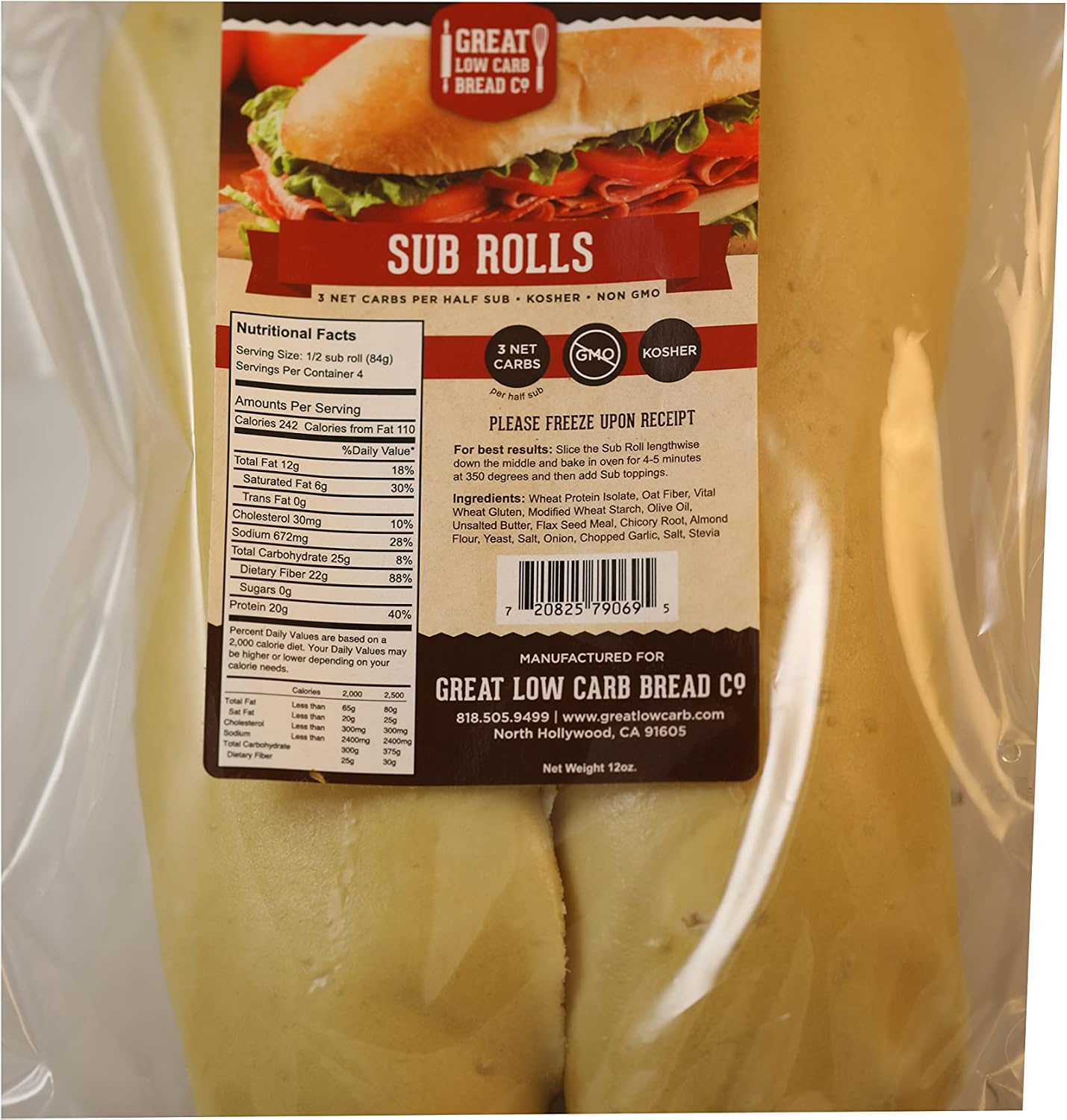 Great Low Carb Sub Rolls 12oz Bag of 2 (foot longs)| 4 Bags| Keto friendly | Kosher |Non GMO |Low carb diet