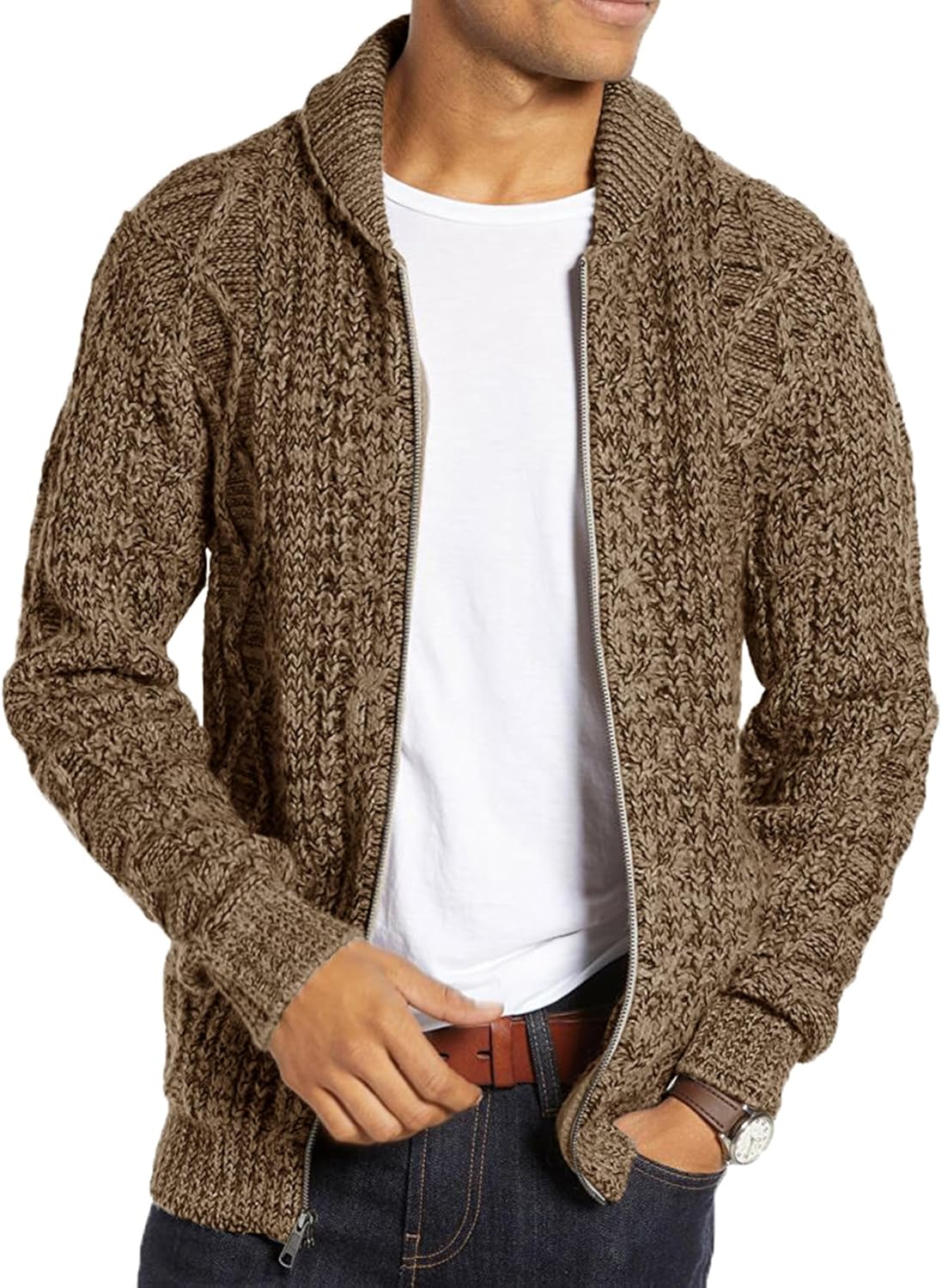 Ryannology Mens Shawl Neck Cardigan Sweater Cable Knit Button Up Closure with Pockets Winter Sweaters Outerwear