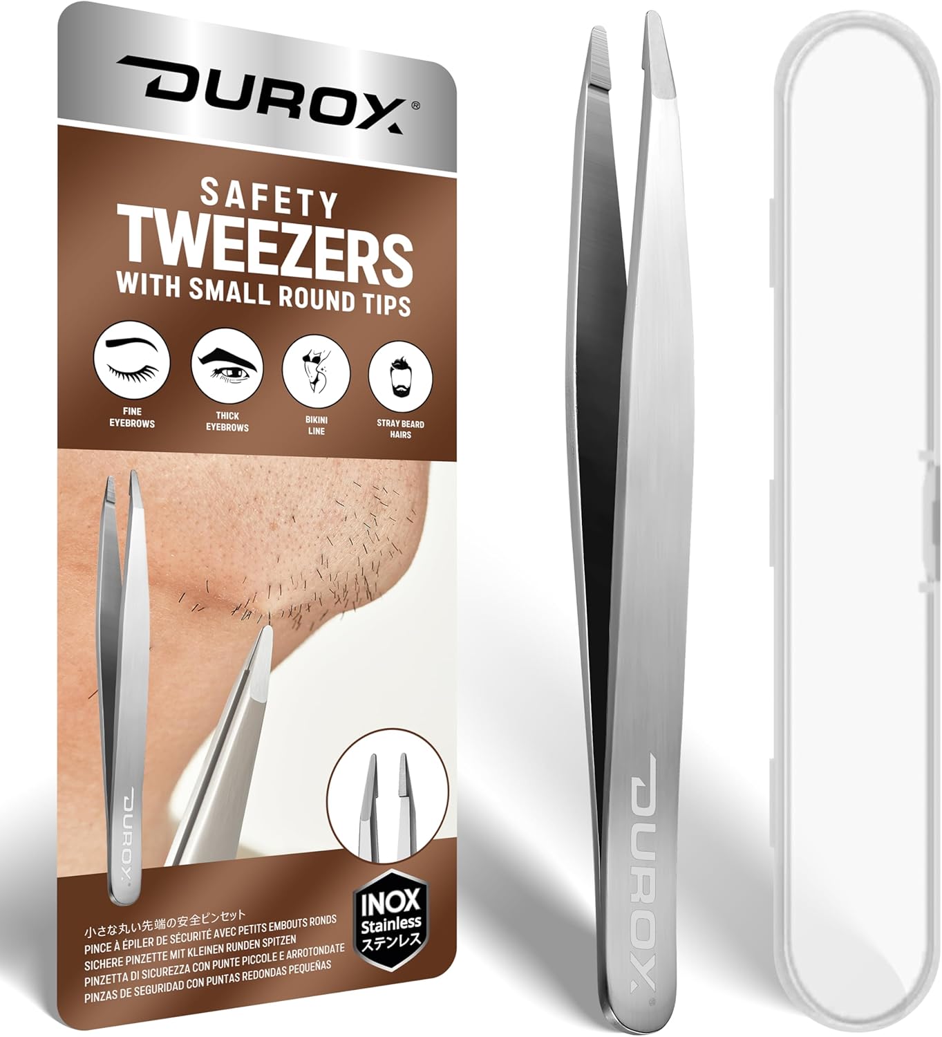 DUROX Round Tip Tweezers for Women Facial Hair, Blunt Tip Tweezers for Chin Hair & Eyebrow Removal, Precision Rounded Tweezers for Hair Removal, Stainless Steel, Round Tweezers for Eyebrows