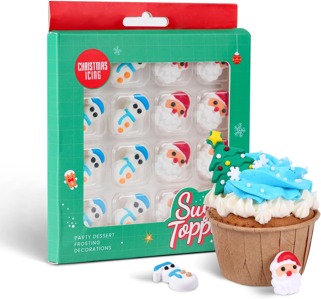 16 Pcs Edible Christmas Cupcake Toppers, Santa Claus, Edible Snowman Men, Christmas Gingerbread House Decorations, Perfect for Cupcakes, Cake, Cookies, and Ice Cream Topping
