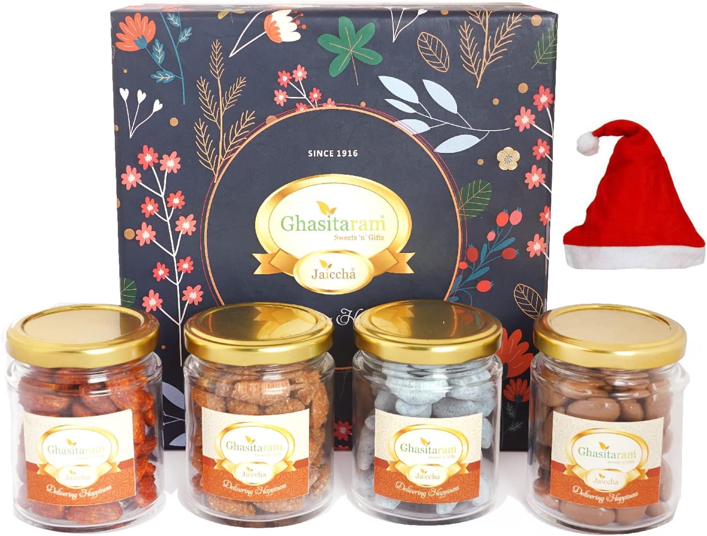 Ghasitaram Gifts Jaiccha Christmas Gifts Hamper Box with 4 Jars Of Flavoured Nuts