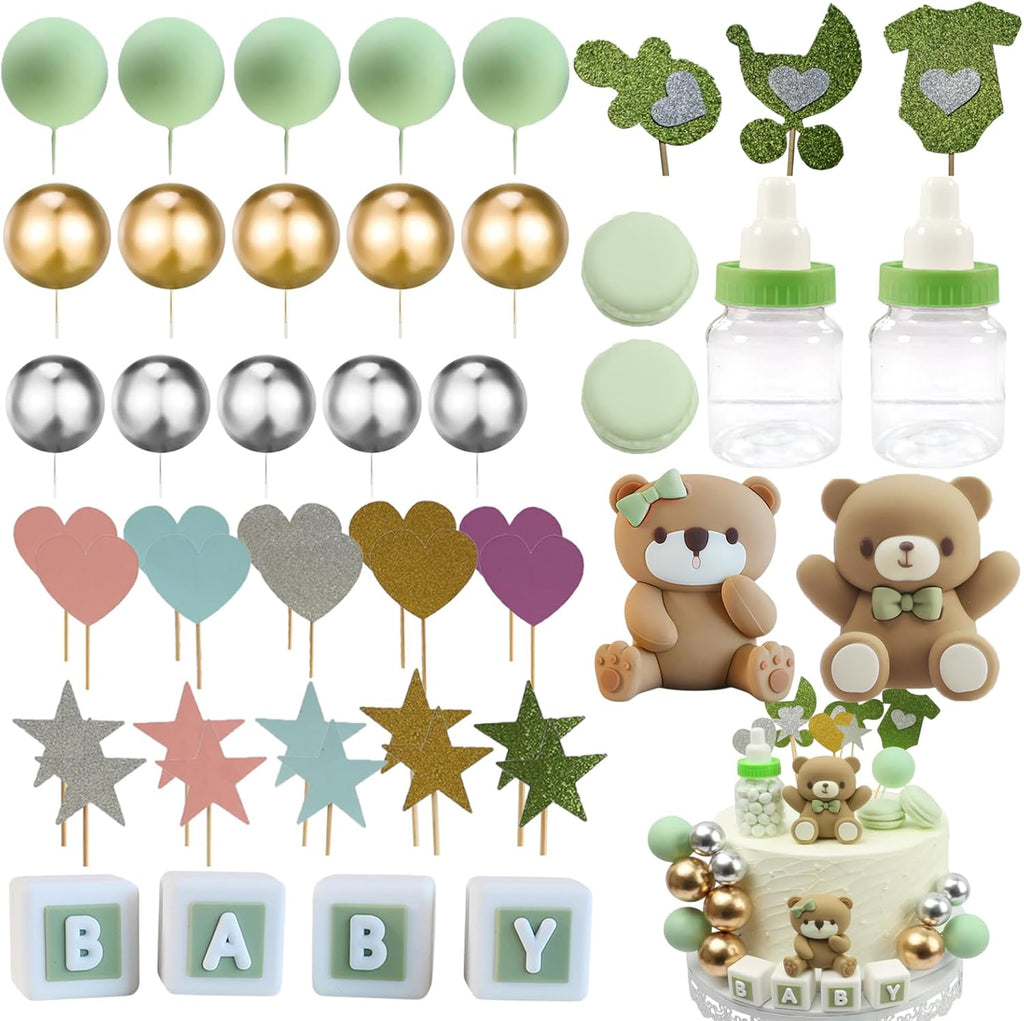 Bear Cake Topper, Birthday Cake Toppers Mini 3D Bear 48 PCS Cupcake Decorations Party Supplies Boho Mini Gender Reveal(Green)