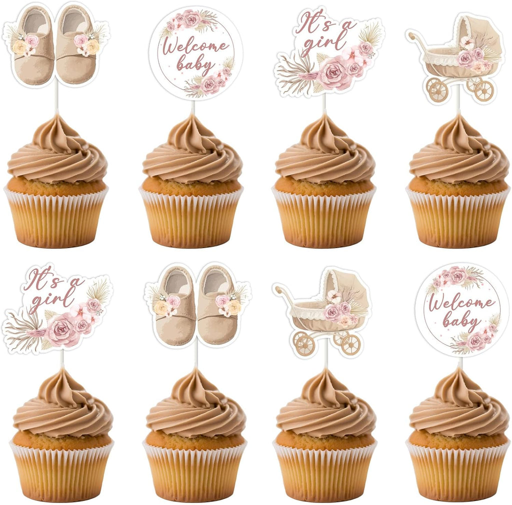 Boho Floral Baby Shower Decorations for Girl 36Pcs Boho Baby Shower Cupcake Toppers Pampas BabyShower Decoration Pink Floral Pampas Grass It's A Girl Cupcake Topper for Pregnancy Celebration