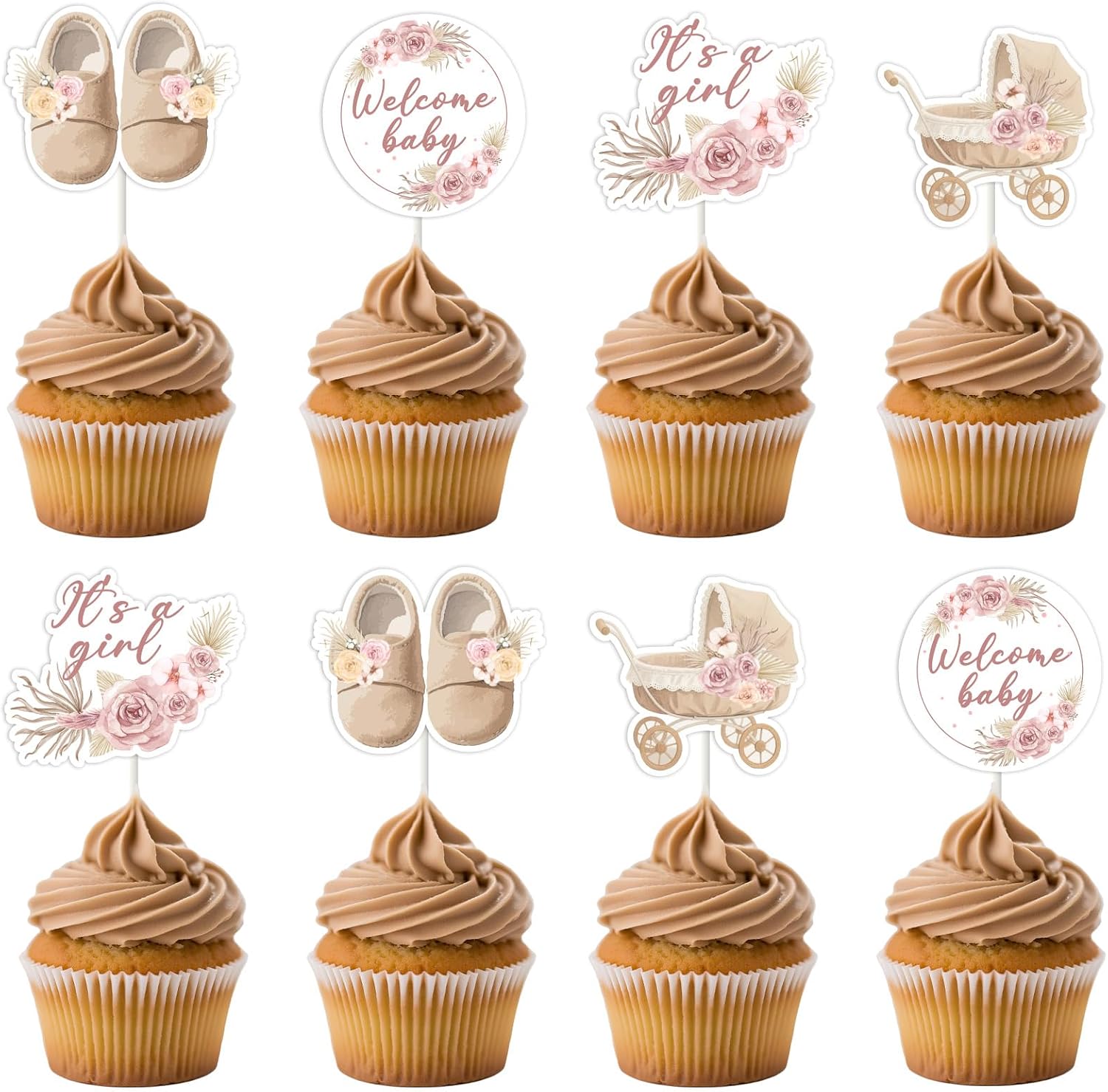 Boho Floral Baby Shower Decorations for Girl 36Pcs Boho Baby Shower Cupcake Toppers Pampas BabyShower Decoration Pink Floral Pampas Grass It's A Girl Cupcake Topper for Pregnancy Celebration