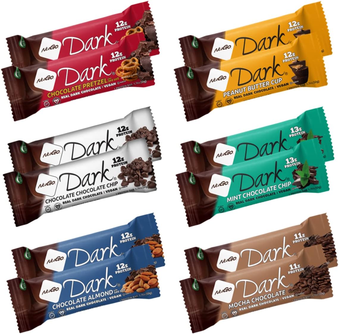 NuGo Dark Variety Box - Pretzel, Chocolate Chip, Mint Chocolate Chip, Cherry, Peanut Butter Cup and Almond, 11-12g Protein, Vegan, Gluten Free, Kosher Pareve, 12 Count Variety