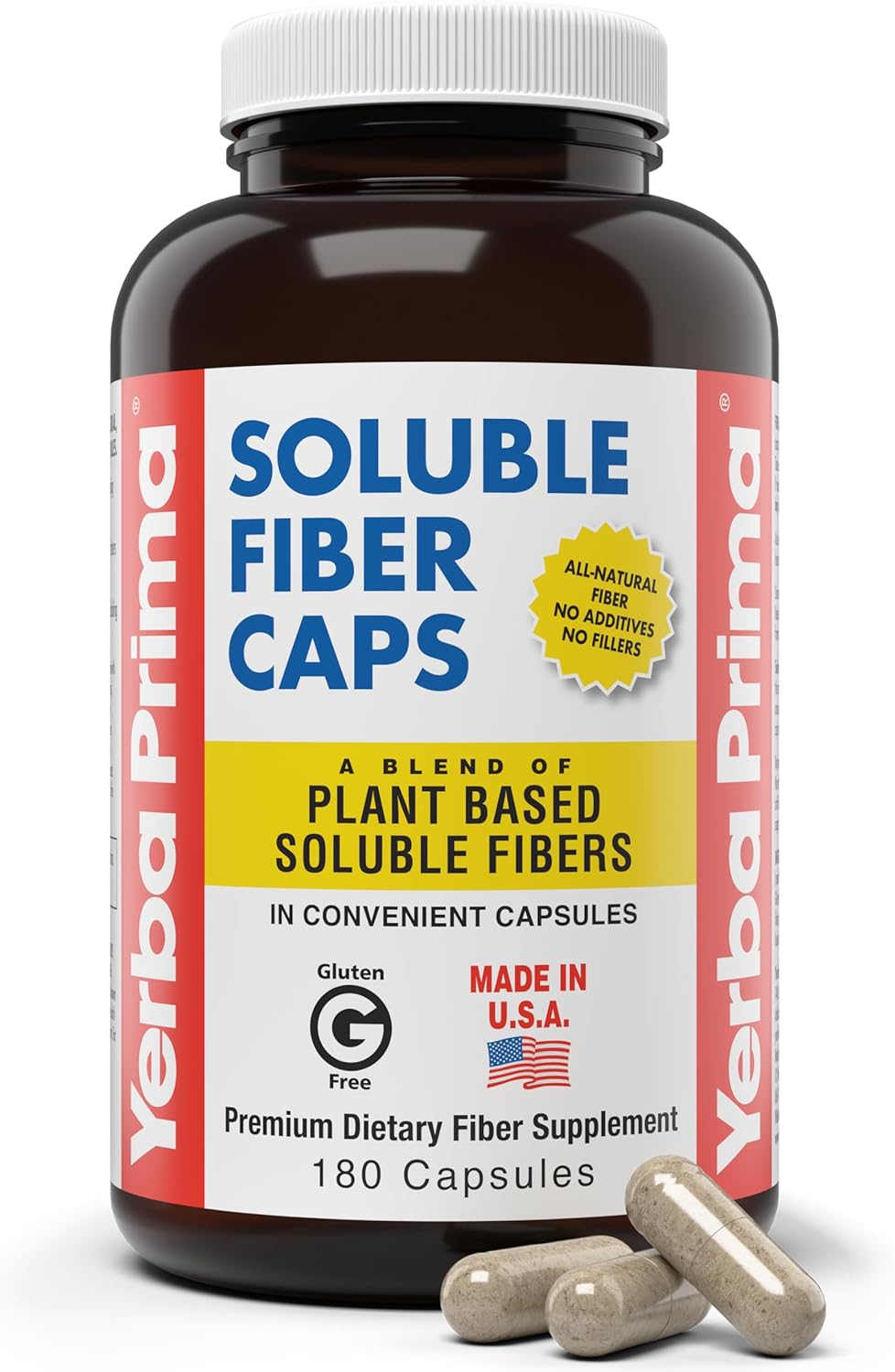 Yerba Prima Soluble Fiber Formula Capsules, 180 Count - Premium Dietary Fiber Supplement, Natural, Concentrated Soluble Fiber, Gluten Free, Non-GMO, Made in USA