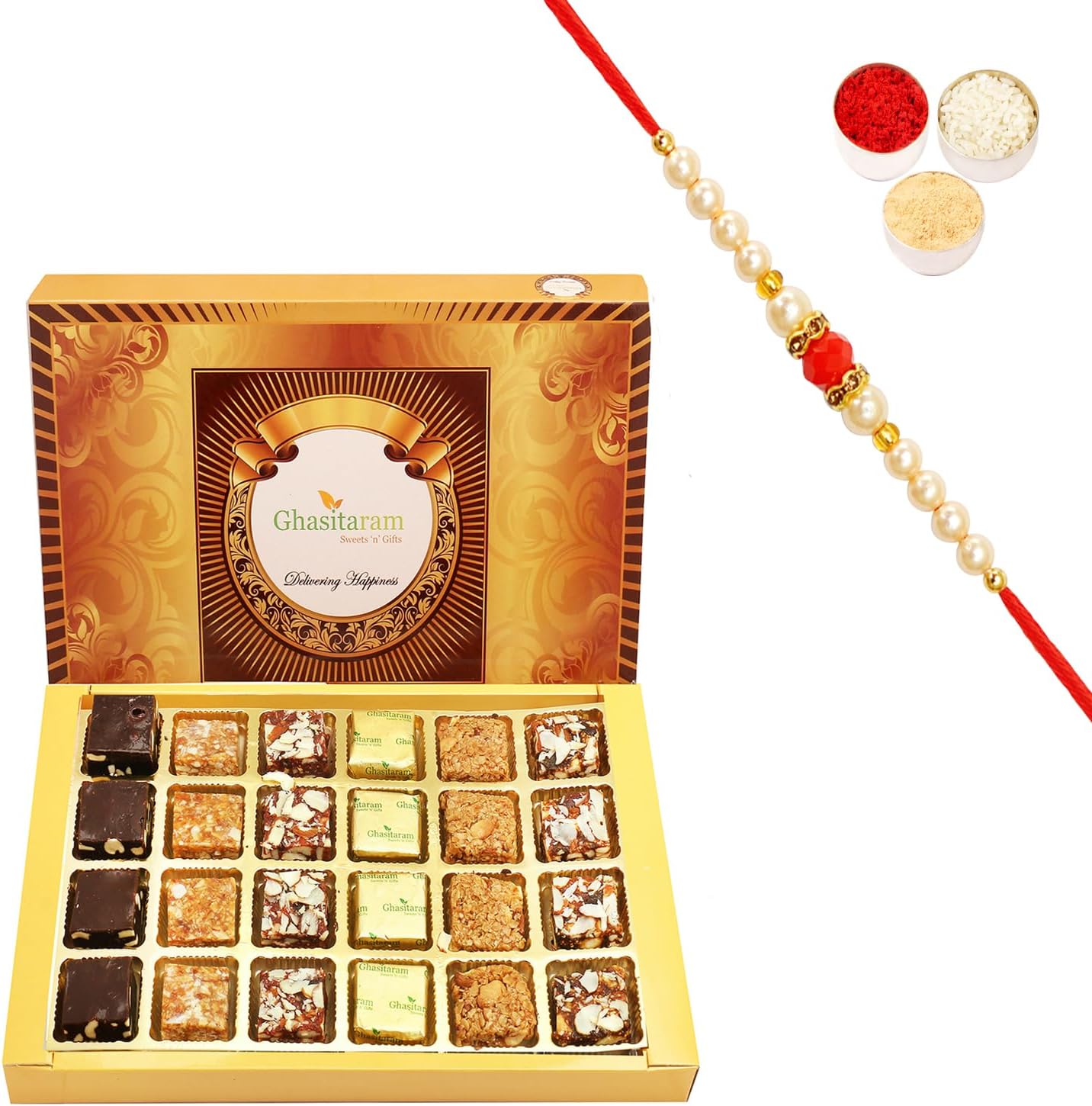 Ghasitaram Gifts Rakhi Gifts for Brothers Rakhi Sweets - 24 pcs Assorted Bites with Beads Rakhi