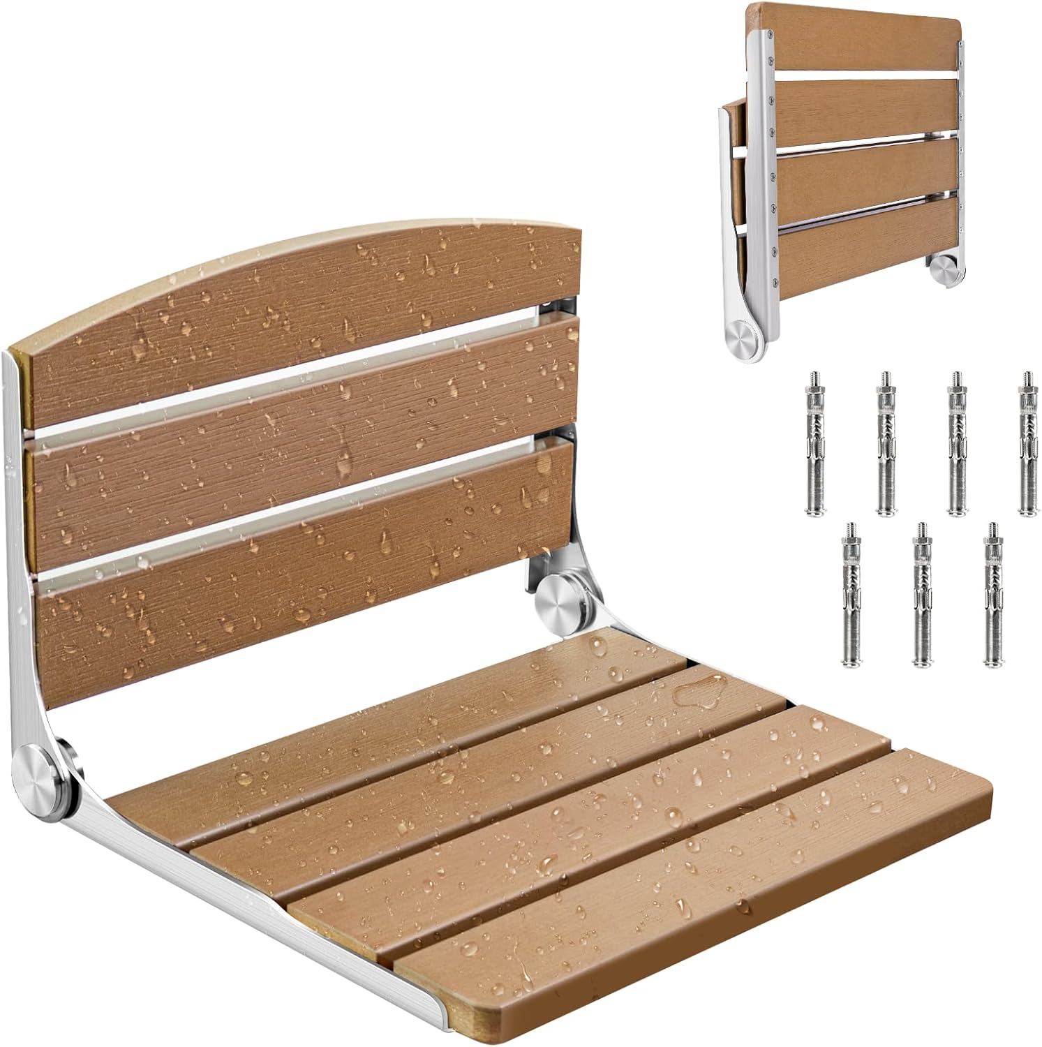 Folding Shower Seat, 16" Foldable Shower Chair Wall Mounted for Inside Shower, Stainless Steel & Hdps Wood Fold Down Shower Bench for Elderly and Disabled - 400lbs