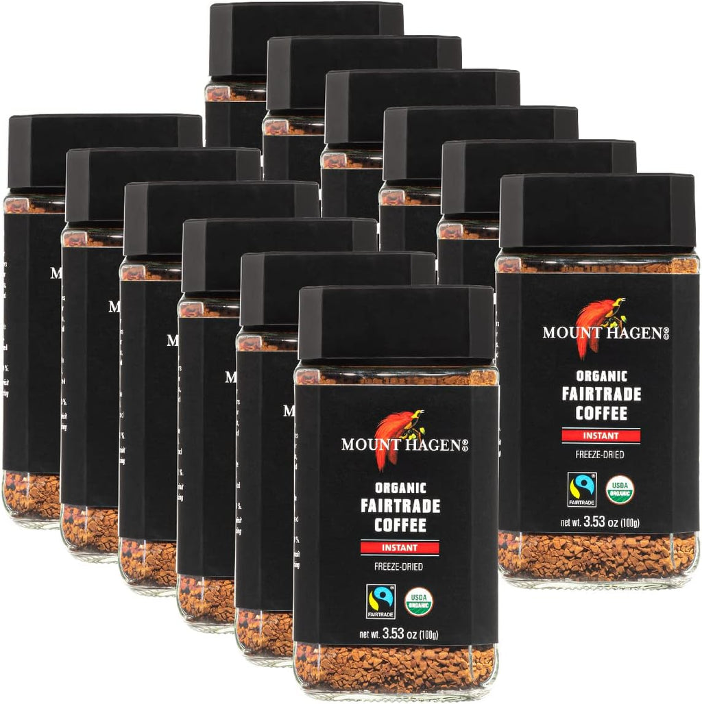 Mount Hagen 3.53oz Organic Freeze Dried Instant Coffee - 12 pack | Eco-friendly Coffee Made From Organic Medium Roast Arabica Beans | Fair-Trade Coffee Instant [12 x 3.53oz Jar]