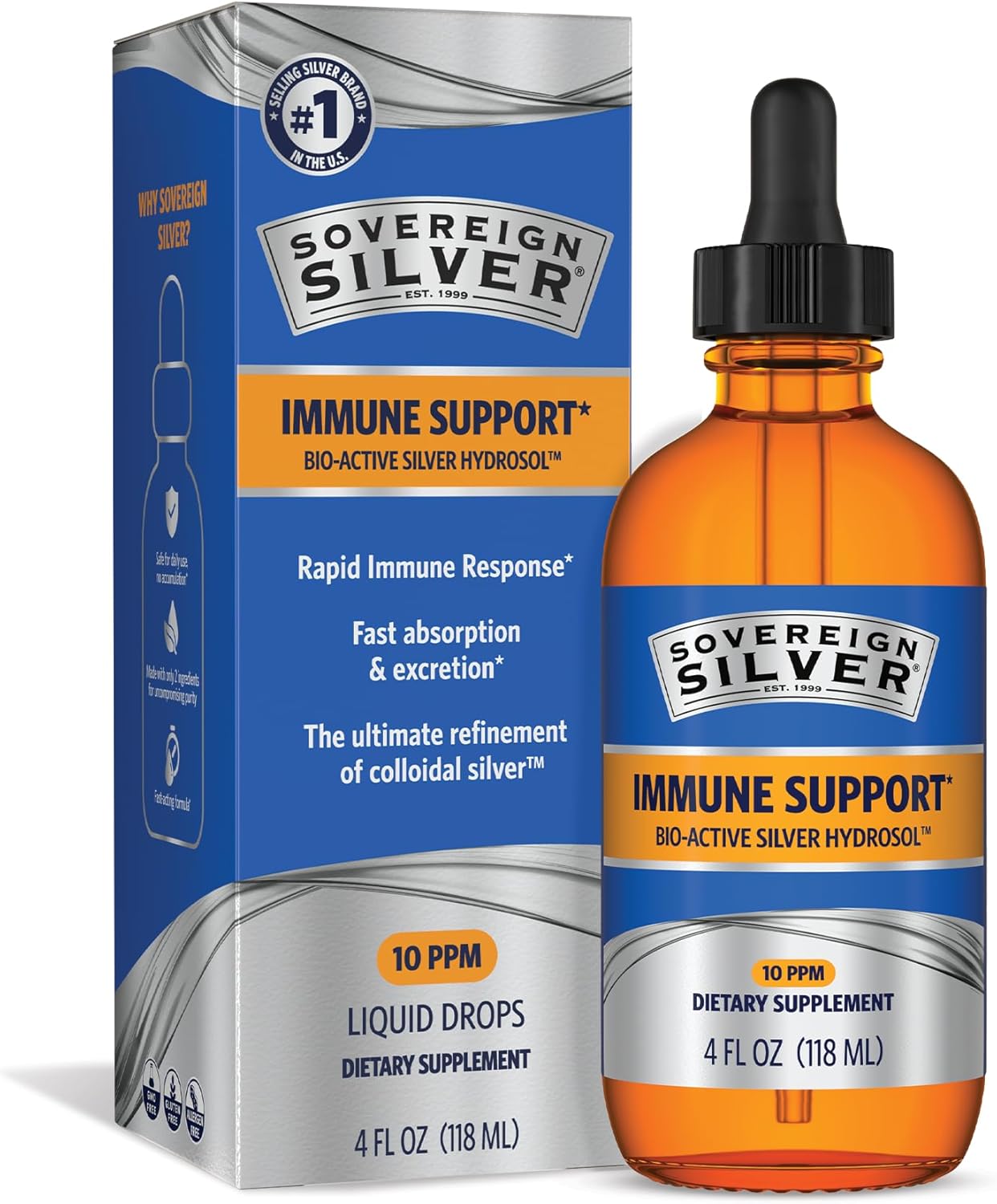 Sovereign Silver Immune Support - Colloidal Silver, Bio-Active Silver Hydrosol, 10 ppm, Liquid Dropper, 4 Fl Oz, (118 mL)
