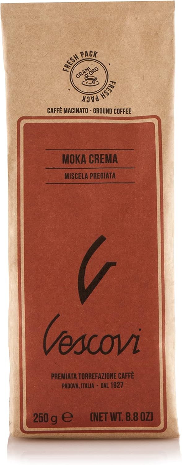 V Vescovi Moka Crema – Premium Italian Ground Espresso – Medium Roast Coffee – For Moka, French Press & Pour Over – 8.8 oz (250g)