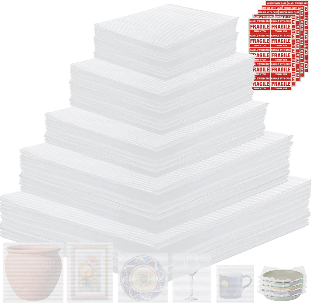 AOBOPLE 250 Pack Moving Supplies,5 Sizes (16x16",16x12",12x12",12x7.5",7.5x7.5") 200 Foam Pouches and Foam Sheets with 50 Fragile Stickers,Packing Supplies to Protect Artworks,Photo Frame,Dishes