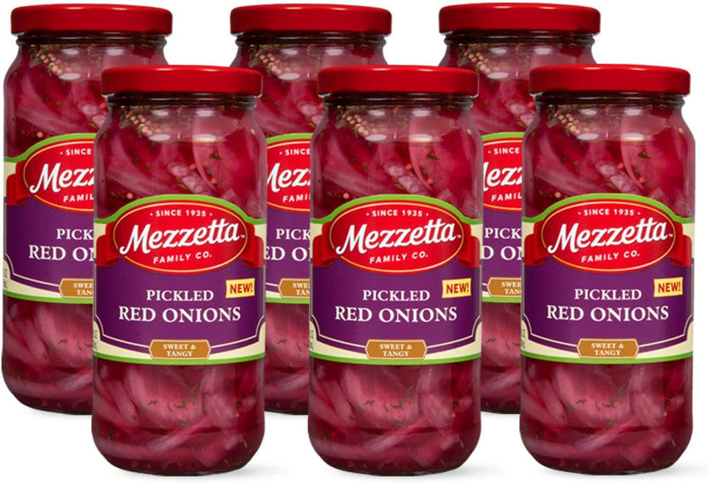 Mezzetta Pickled Red Onions in Jar - Tangy & Sweet Crunch - Perfect for Salads, Sandwiches & Culinary Creations - Vinegar & Seasonings Blend - Vibrant Color - 16 Oz - Pack of 6