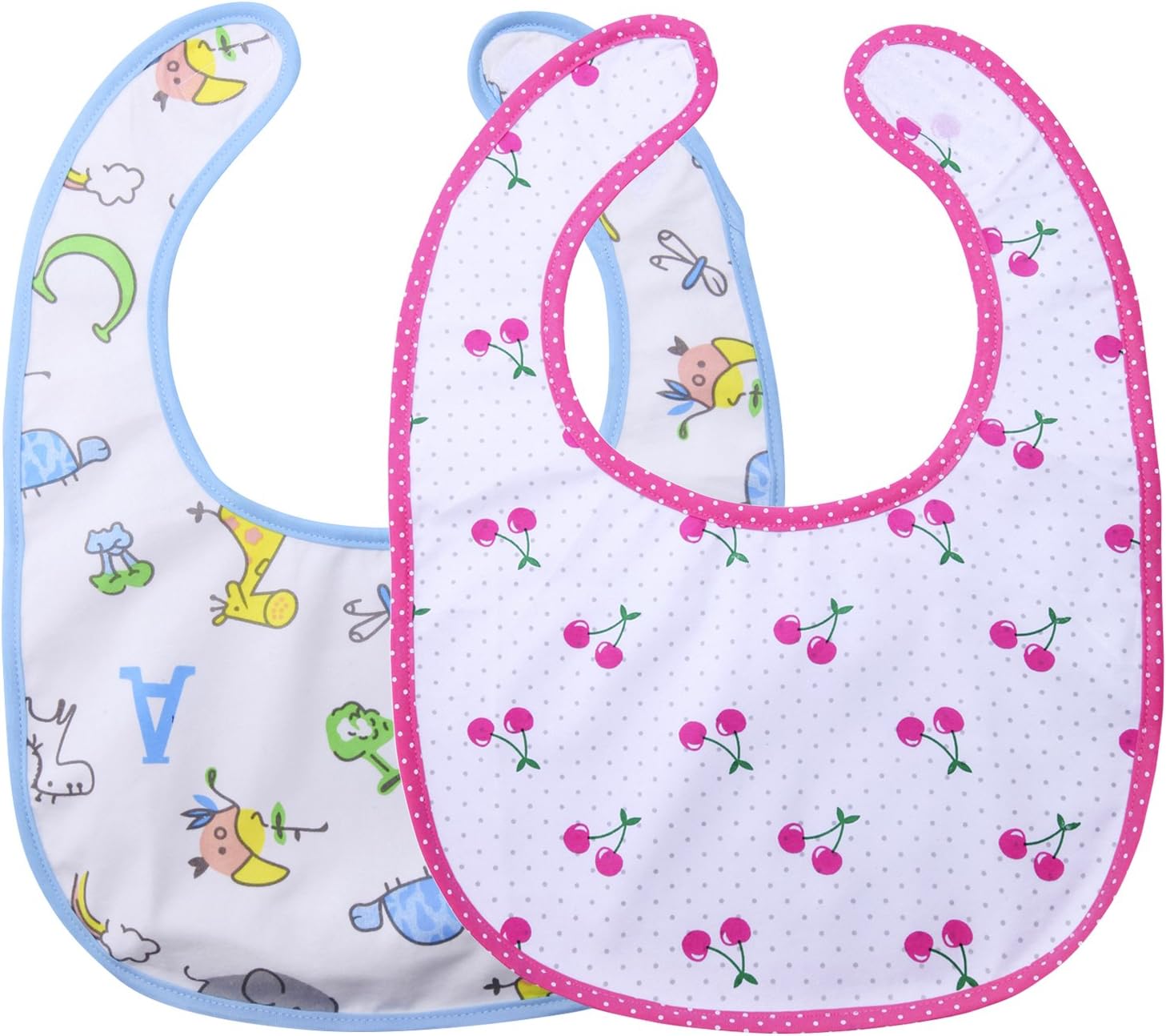 Littleforbig Cotton Waterproof Adult Babydoll Bib with Adjustable Hook-and-Loop Fastener Closure Printed 2 Packs - Zoo Animals and Cherry Adult Bibs