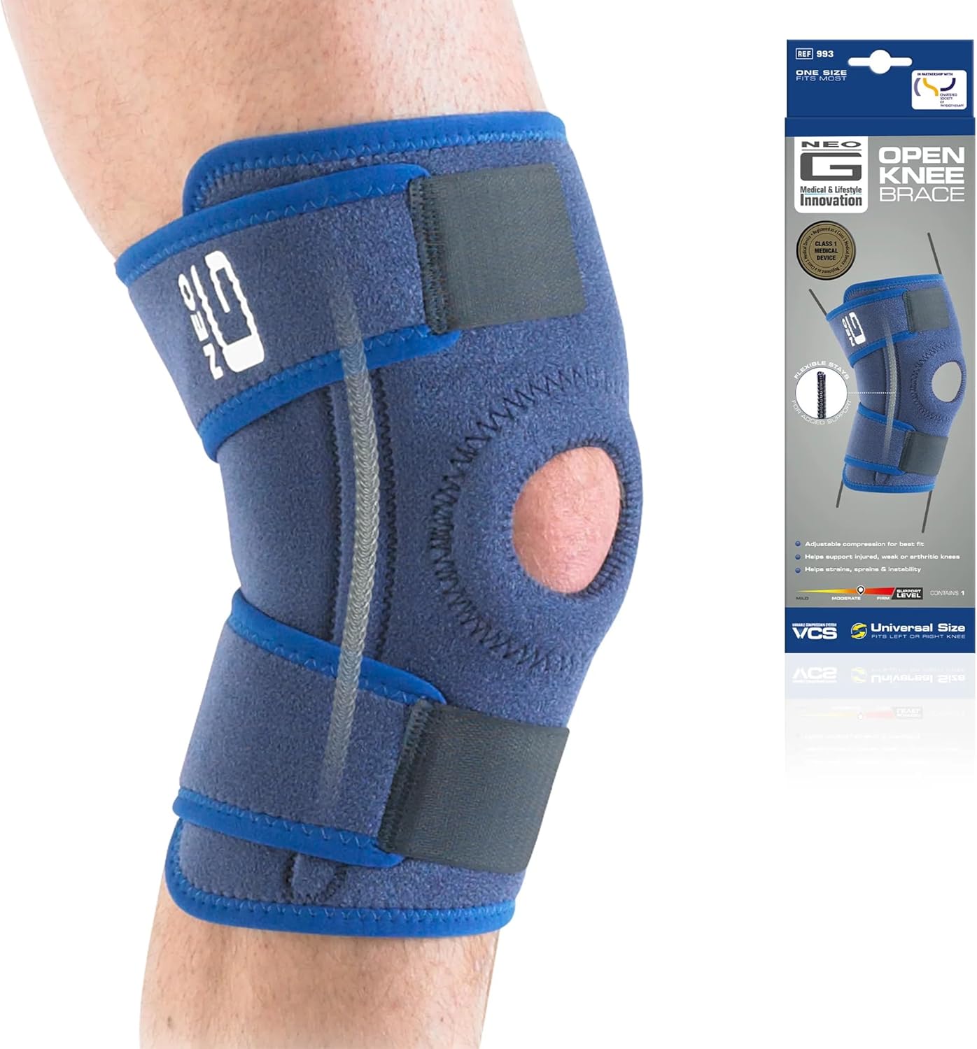 Neo-G Open Knee Brace - Knee Support for Patella Injuries, Joint Pain, Miniscus Tear, Rehabilitation, Sporting Injuries. Metal Side Stabilizers - Left or Right Knee - Class 1 Medical Device
