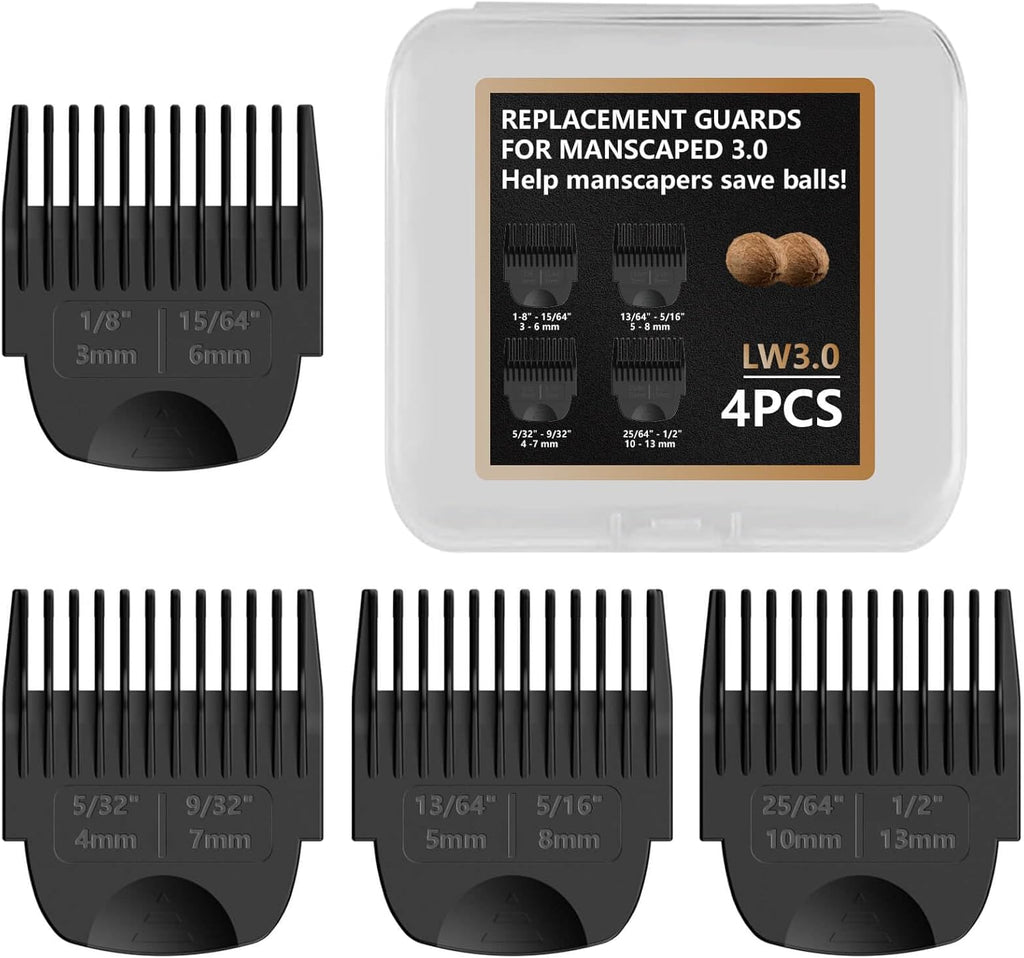 4 Pack Guards for Manscaped Lawn Mower 3.0 - Adjustable Lawnmower 3.0 Trimmer Guards with Organizer, Waterproof Guide Comb Replacement for Manscaped 3.0 Attachments, Cutting Lengths from 1/8" to 1/2"