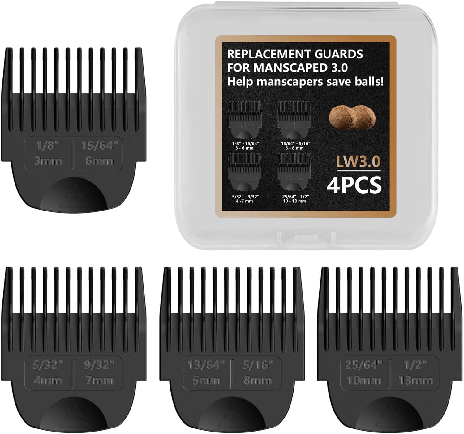 4 Pack Guards for Manscaped Lawn Mower 3.0 - Adjustable Lawnmower 3.0 Trimmer Guards with Organizer, Waterproof Guide Comb Replacement for Manscaped 3.0 Attachments, Cutting Lengths from 1/8" to 1/2"