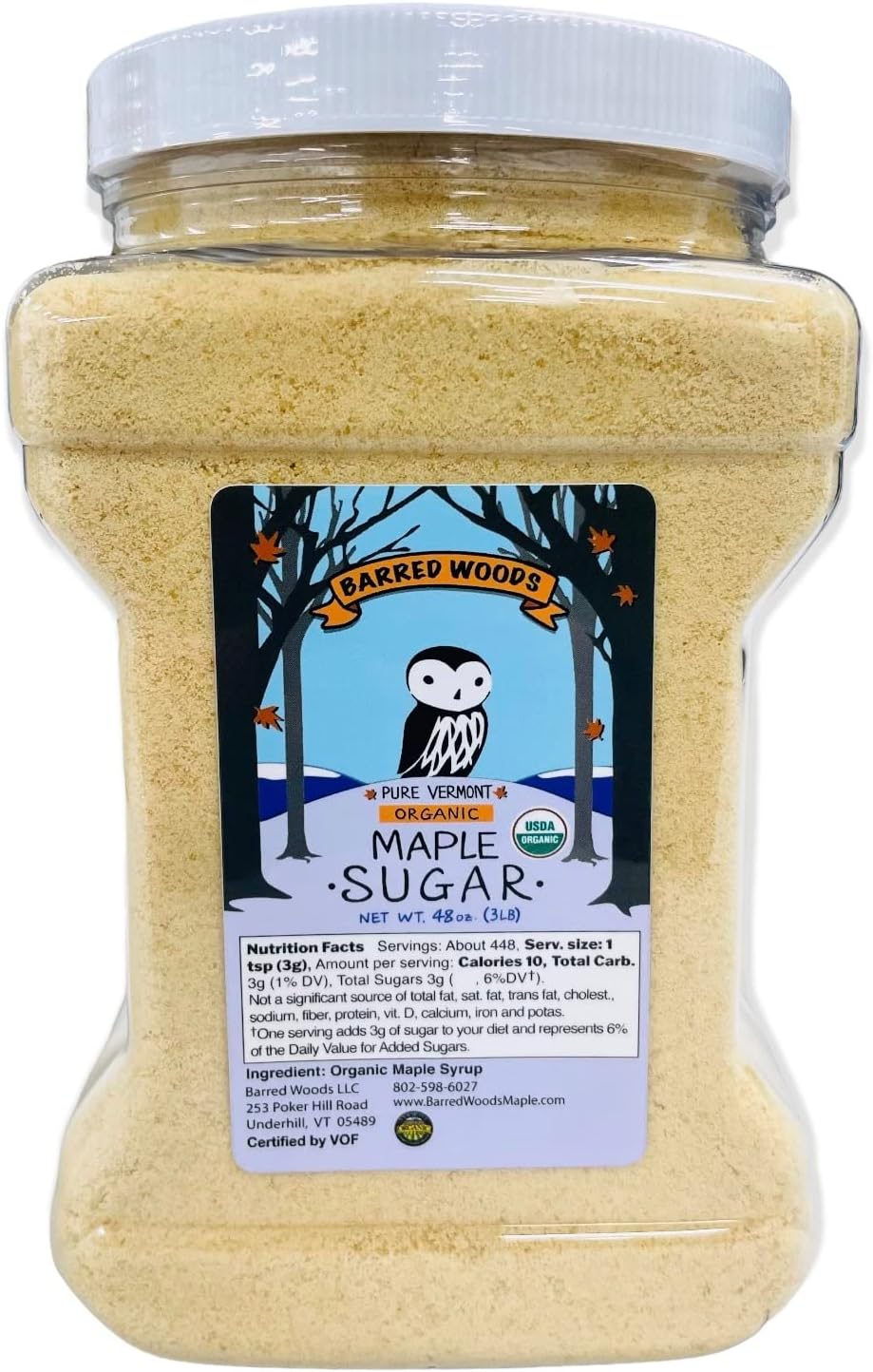 Barred Woods Maple Pure Organic Vermont Maple Sugar - 3 Pound Jar - Maple Sugar Granulated