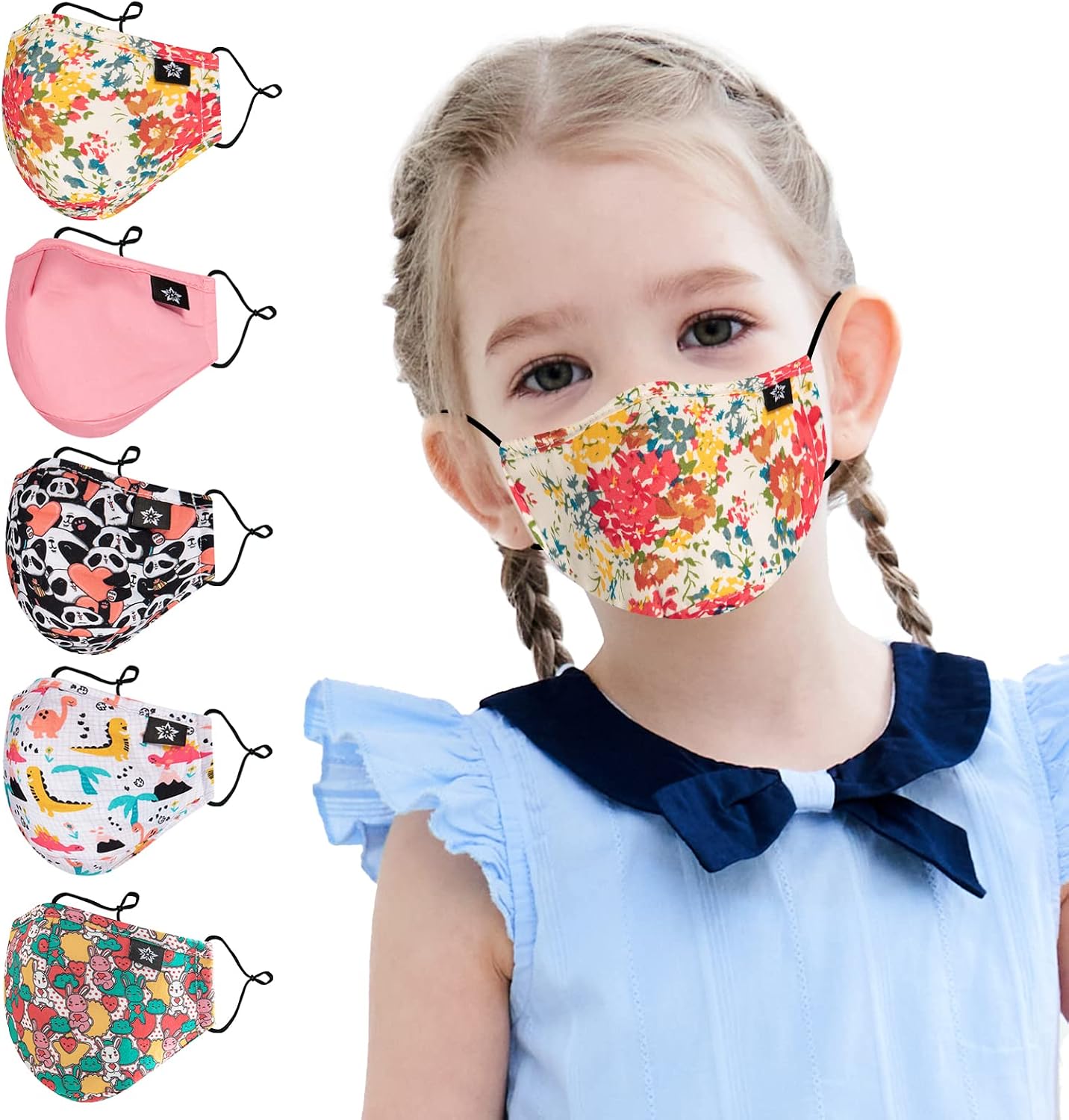 5pcs Kids Cotton Face Covering Set Reusable Washable Cute Pattern 3 Layers Adjustable Dust Cover for Boys Girls