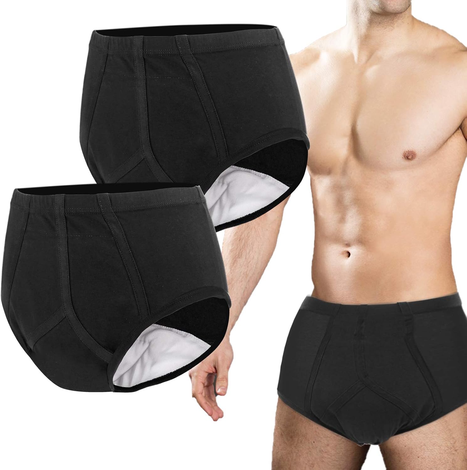 Incontinence Underwear for Men 2 Pack Washable Mens Incontinence Briefs with Front Absorbent Area Leak Proof Underwear for Men Reusable Urinary Incontinence Underwear (Black, 2XL)