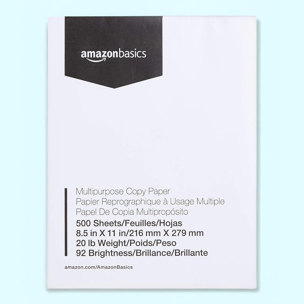 Amazon Basics Multipurpose Copy Printer Paper, 8.5 x 11 Inches, 20 lb, 92 Bright, White, 1 Ream (500 Sheets), Jam-Free