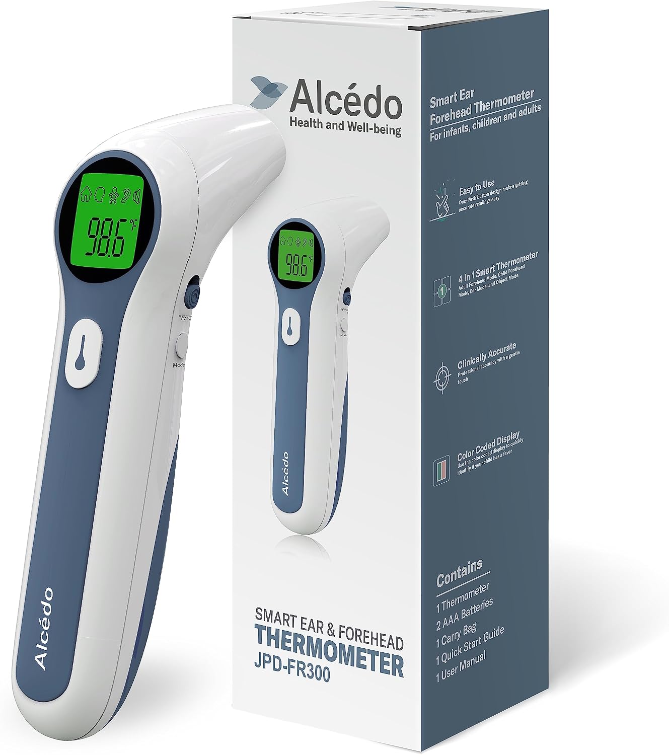 Alcedo Forehead and Ear Thermometer for Adults, Kids, and Baby | Digital Infrared Thermometer for Fever | Touchless, Instant Read, Medical Grade | Pouch and Batteries Included