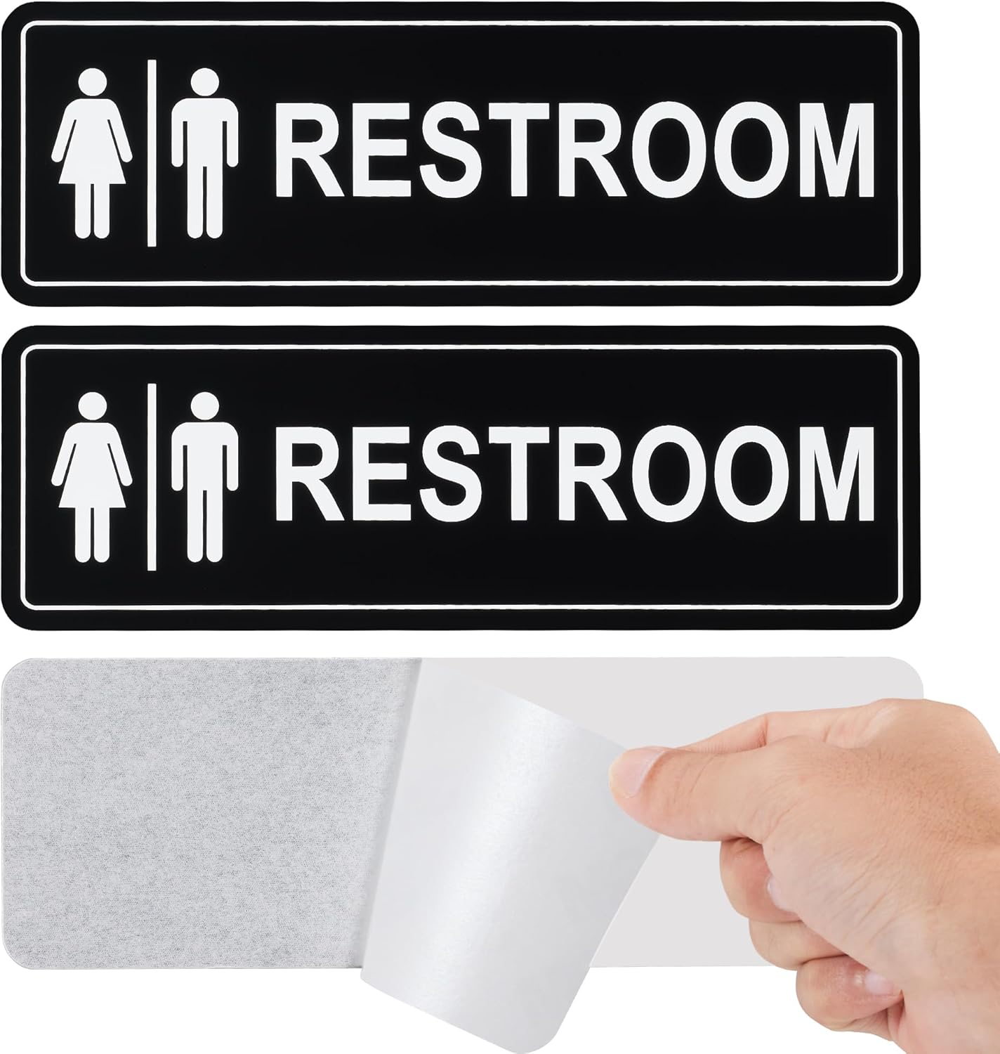 Restroom Sign - (2 Pack ) Metal Restroom Signs for Business with Strong Self-Adhesive, Bathroom Signs for Home Door or Wall, Ideal Unisex Restroom Signs for Women and Men, Easy to Install (Black Unise 9" x 3")