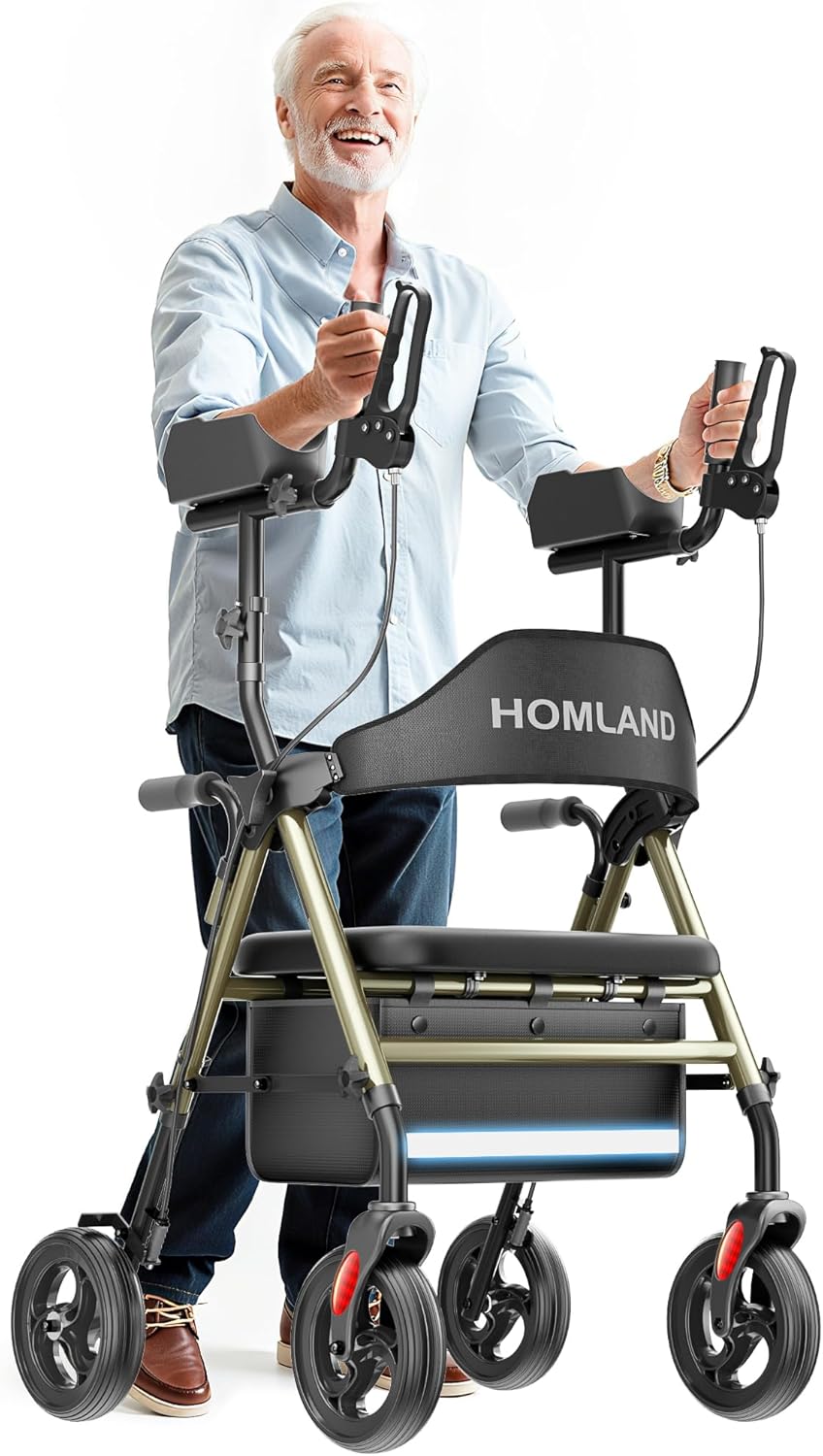 Upright Walkers for Seniors, Stand Up Rollator Walker with Adjustable Padded Armsupport & Seat, Folding Rolling Walker with 8'' Wheel Suitable for All Terrain, Champagne