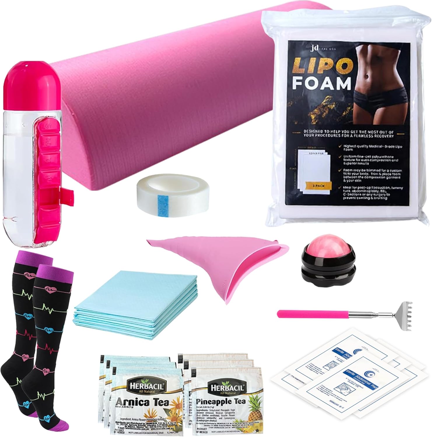 BBL Essentials Kit (27-Piece Recovery Set) – Post Surgery Supplies with Toilet Pillow, Lipo Foam, ABD Pads, Scar Gel, Compression Socks, Arnica & Pineapple Teas