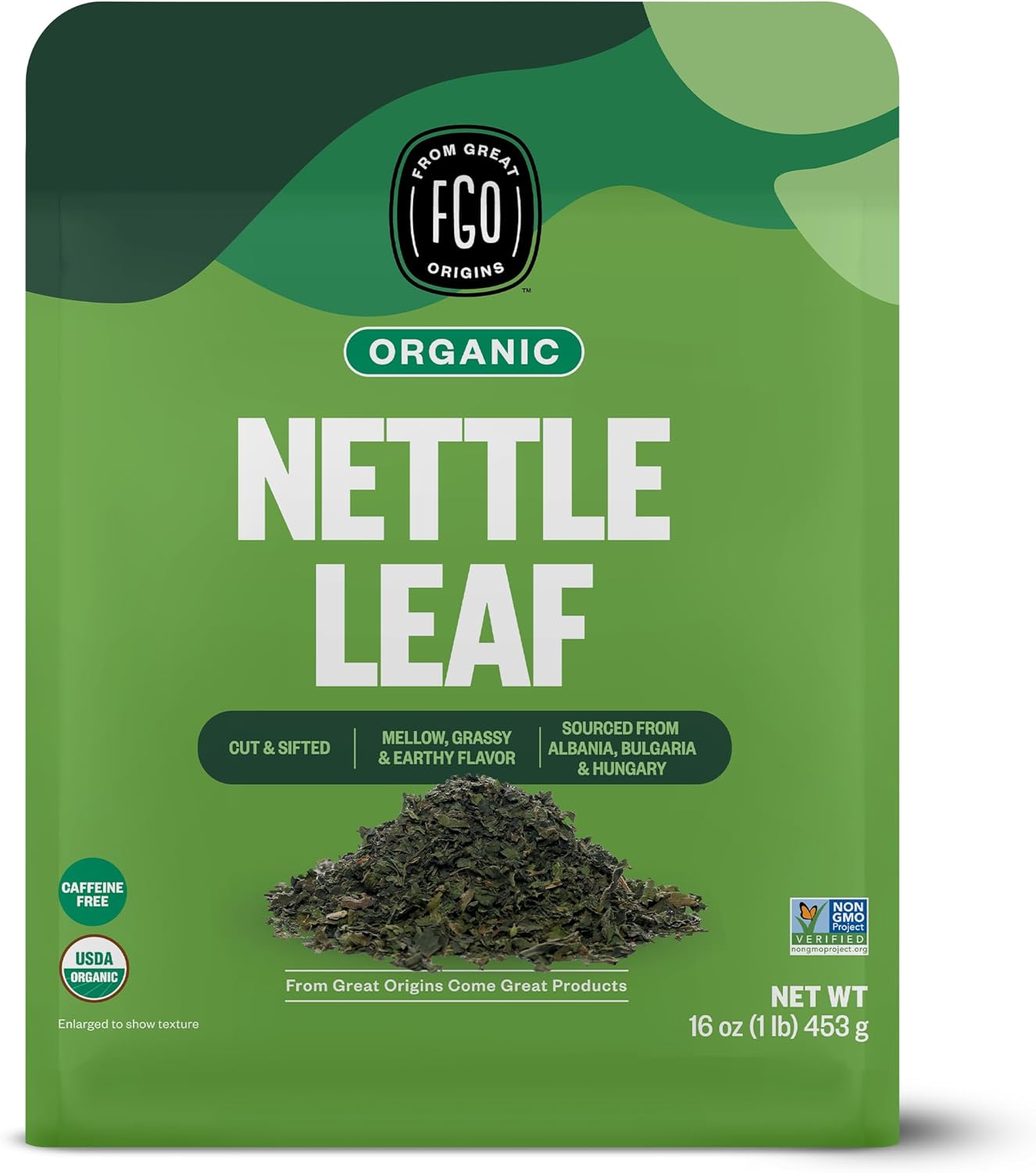 FGO Organic Nettle Leaf Loose Tea, Cut and Sifted, Caffeine Free, 16oz Bulk Resealable Bag, Packaging May Vary (Pack of 1)
