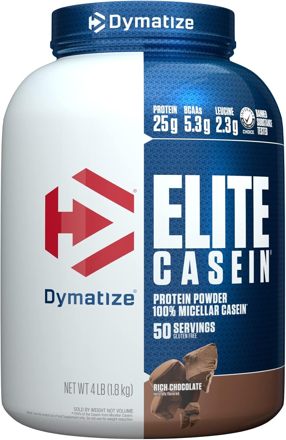 Dymatize Elite Casein Protein Powder, Chocolate, 100% Micellar Casein, 25g Protein, 5.4g BCAAs, 2.3g Leucine, Slow Absorbing for Overnight Muscle Recovery, 4 lb (50 Servings)