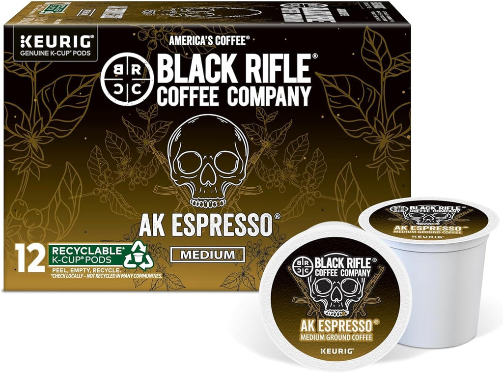 Black Rifle Coffee Company AK Espresso, 12 Count, Medium Roast K Cups - Single Serve K Cups Coffee Pods - Kcup Pods Compatible with Keurig 1.0 & 2.0 - Made from Arabica Beans