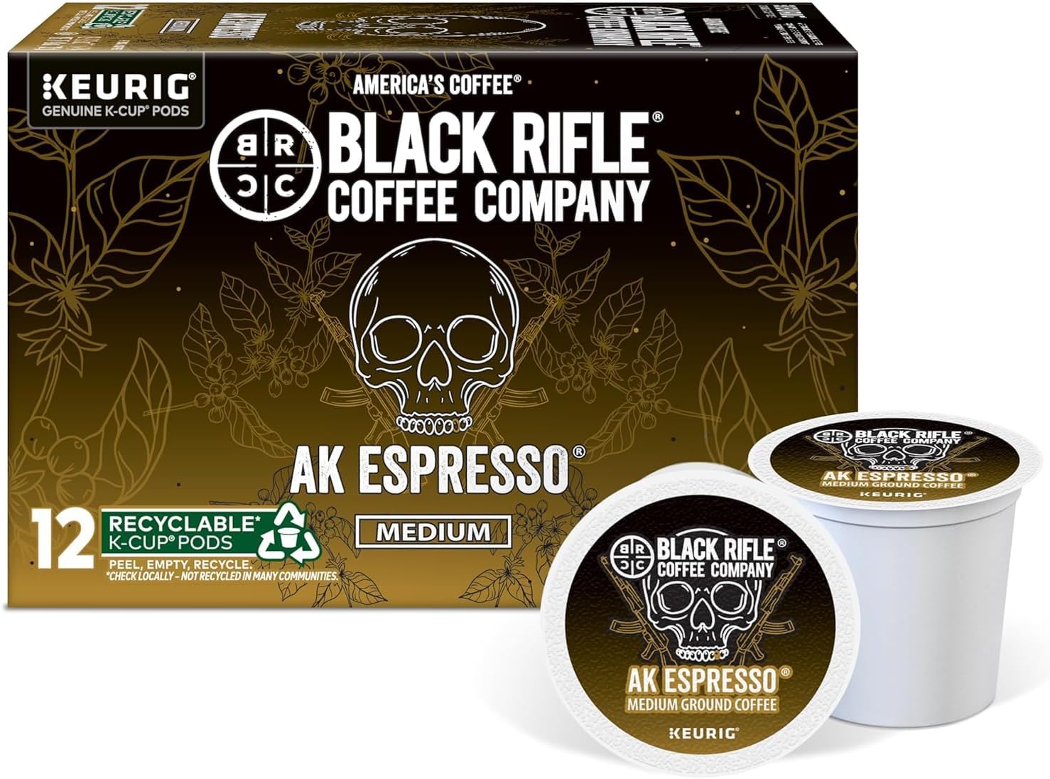 Black Rifle Coffee Company AK Espresso, 12 Count, Medium Roast K Cups - Single Serve K Cups Coffee Pods - Kcup Pods Compatible with Keurig 1.0 & 2.0 - Made from Arabica Beans
