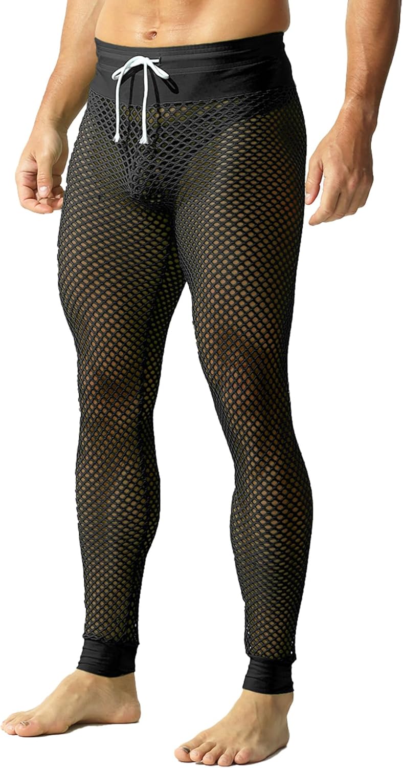 QiaTi Men's Fishnet Pants Mesh See Through Muscle Leggings Stretchy Drawstring Long Pants