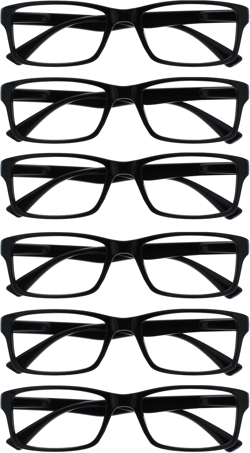 OPULIZE PEP Classic Reading Glasses for Women Men, Scratch Resistant Rectangular Frame with Spring Hinges, Black, +2 (Pack of 6)